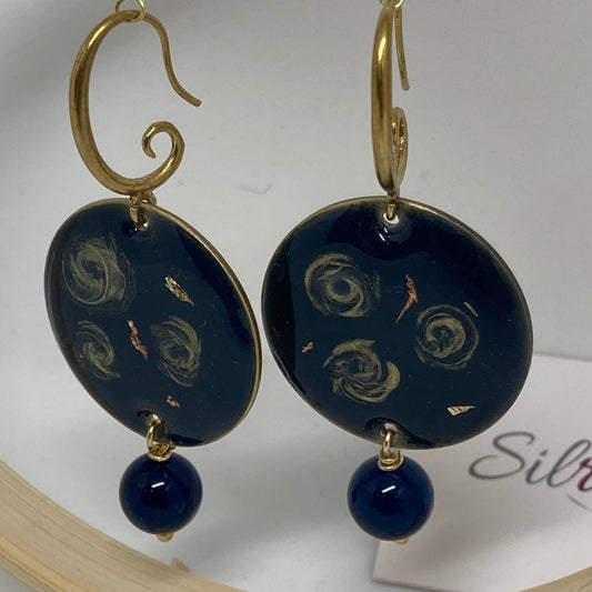Blue and gold pendant earrings in natural brass 'Galassia' line