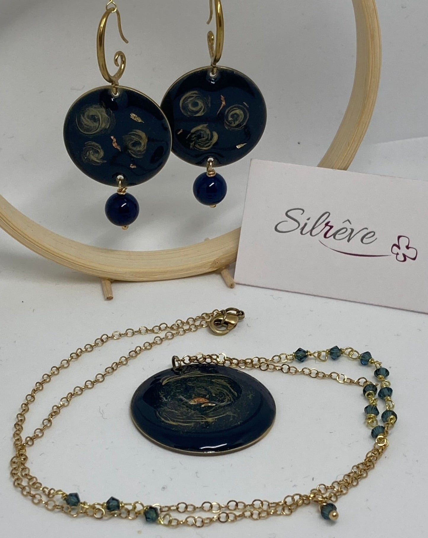 Blue and gold pendant earrings in natural brass 'Galassia' line