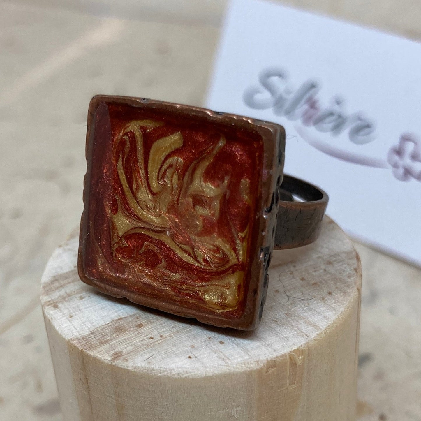 Square copper ring, adjustable, hand painted and vitrified