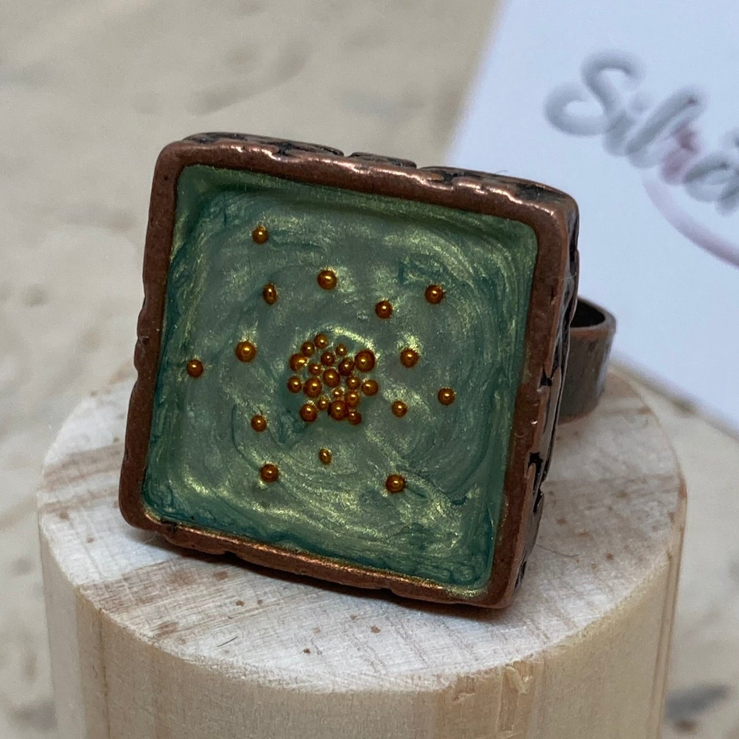 Square copper ring, adjustable, hand painted and vitrified