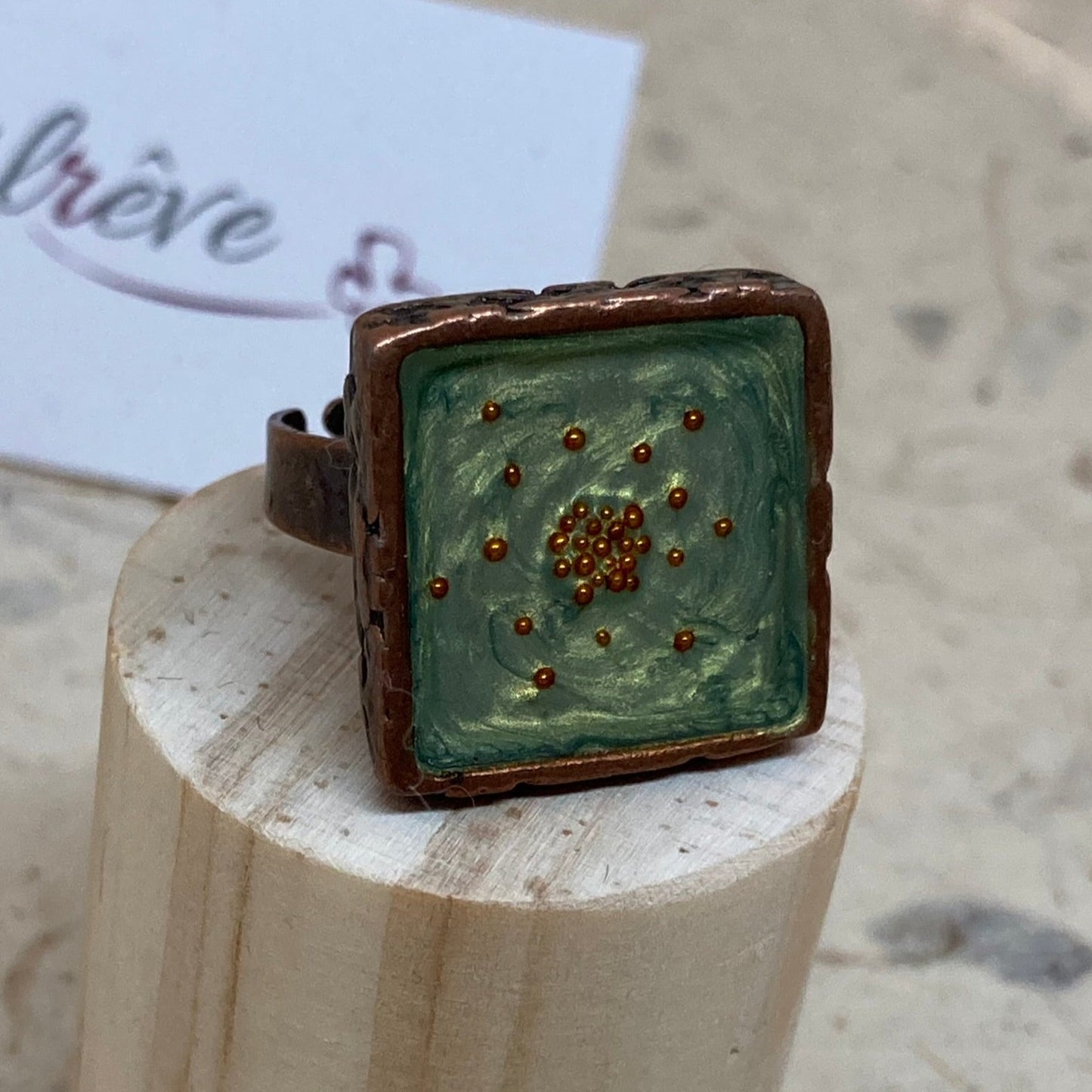 Square copper ring, adjustable, hand painted and vitrified