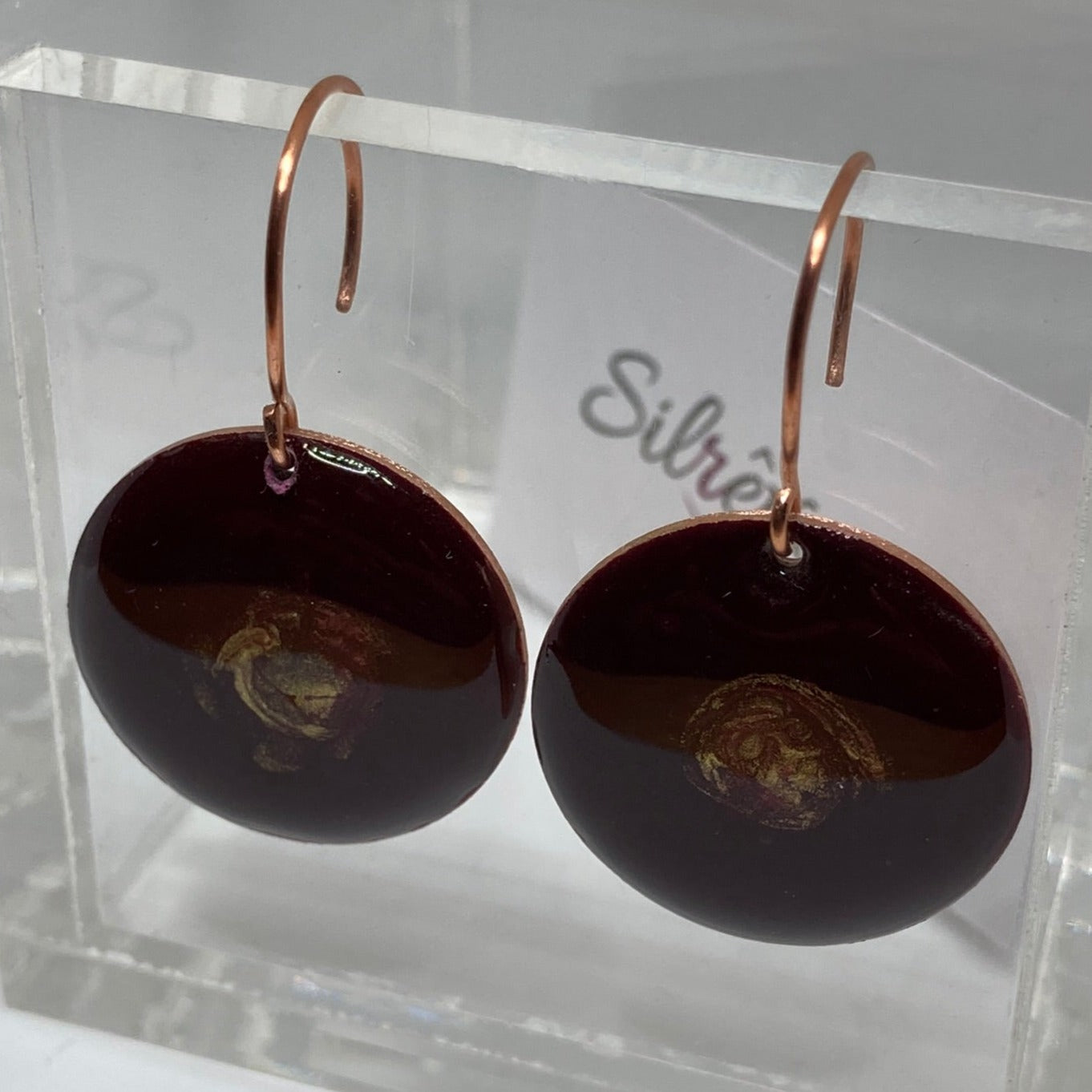 Round burgundy and gold copper earrings 'Galassia' line