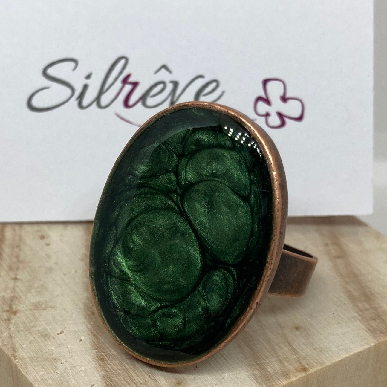Oval copper ring, adjustable, hand painted and vitrified