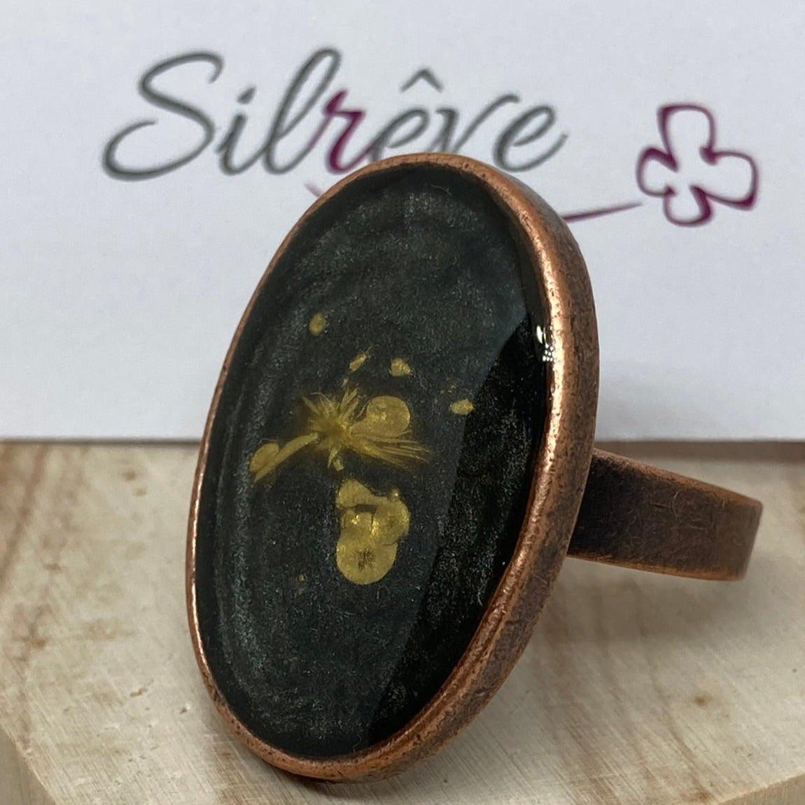 Oval copper ring, adjustable, hand painted and vitrified
