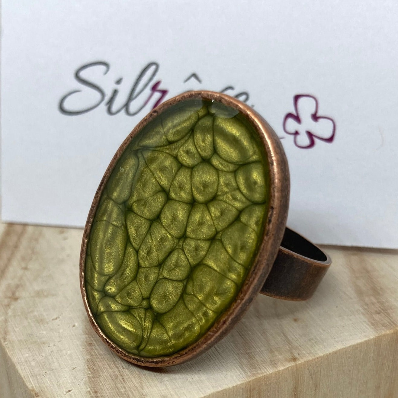 Oval copper ring, adjustable, hand painted and vitrified