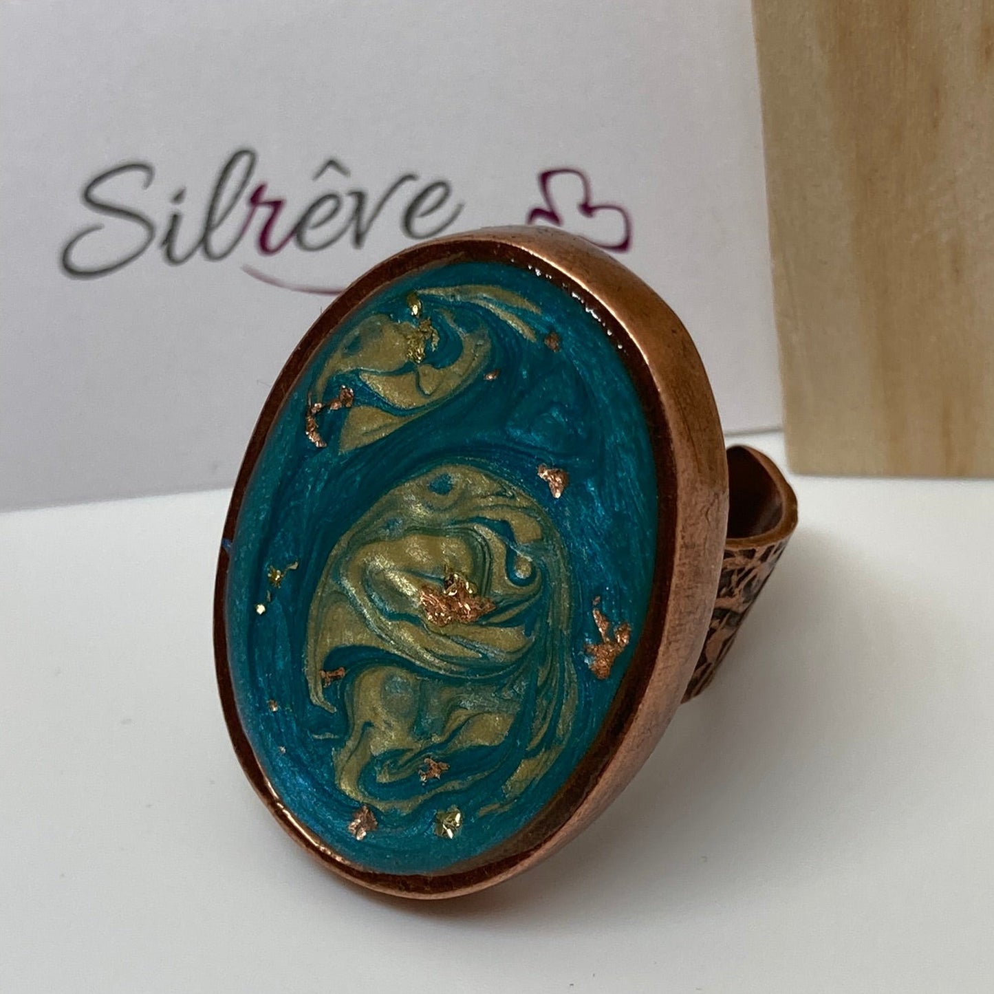 Oval copper ring, adjustable, hand painted and vitrified
