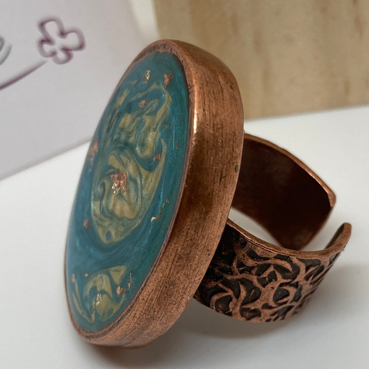 Oval copper ring, adjustable, hand painted and vitrified