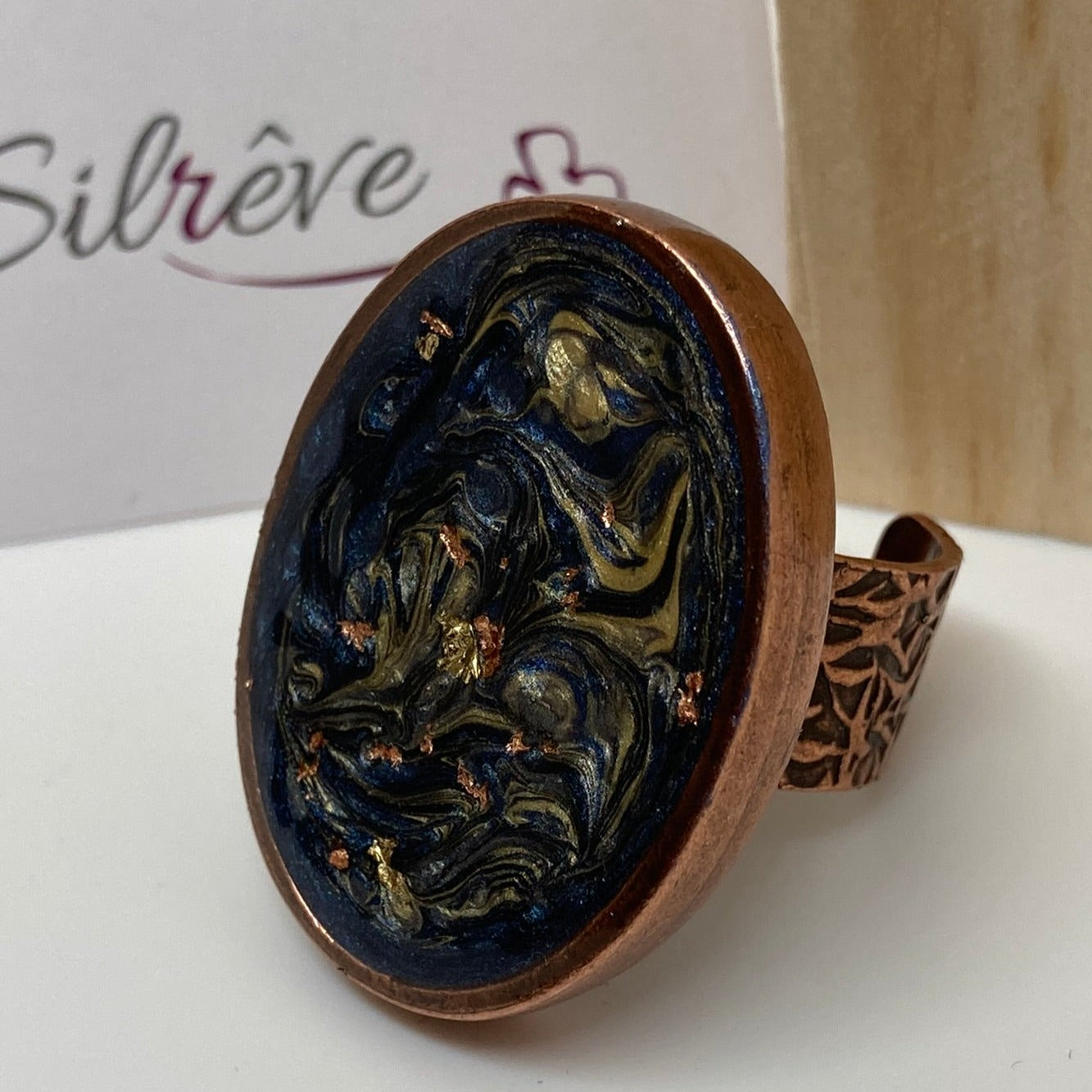 Oval copper ring, adjustable, hand painted and vitrified