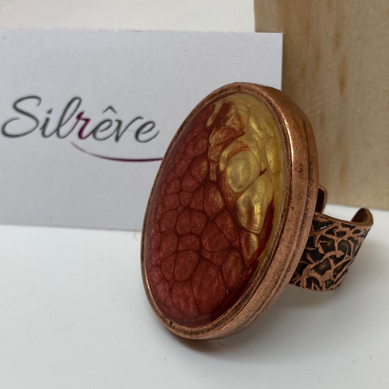 Oval copper ring, adjustable, hand painted and vitrified