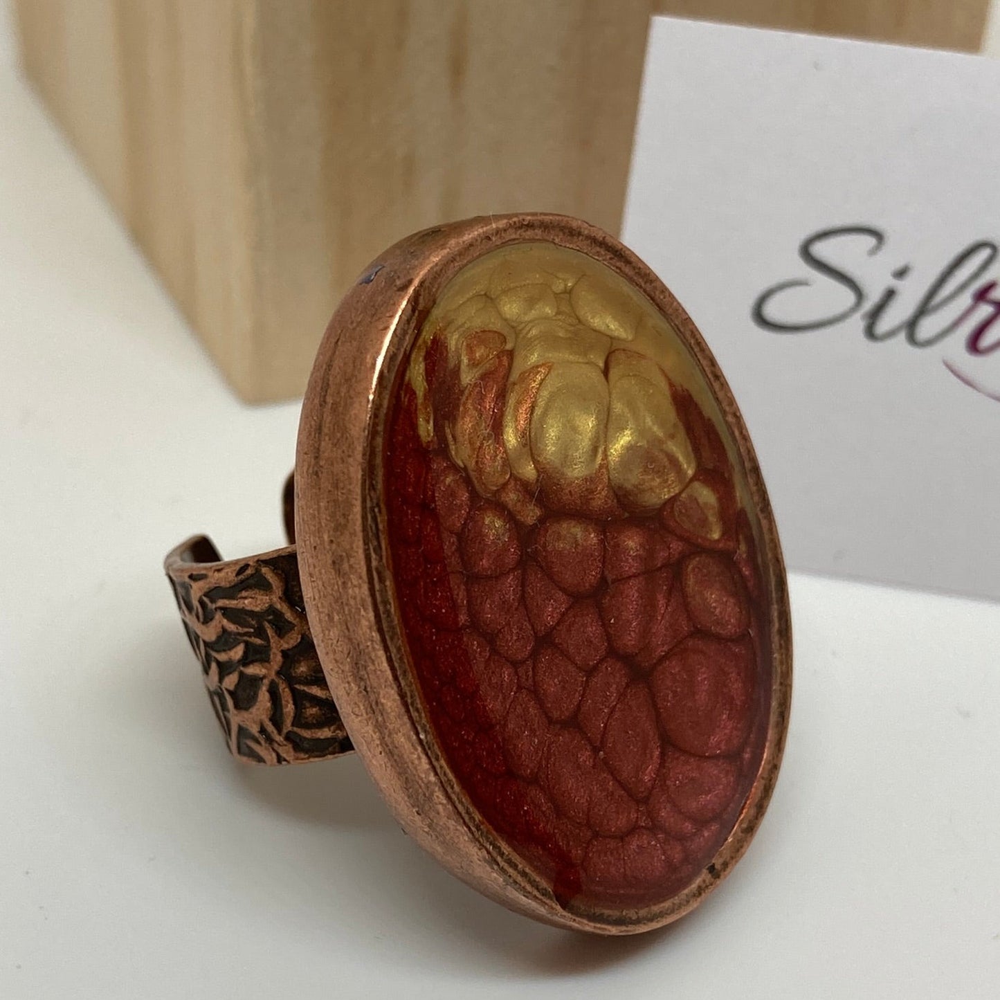Oval copper ring, adjustable, hand painted and vitrified