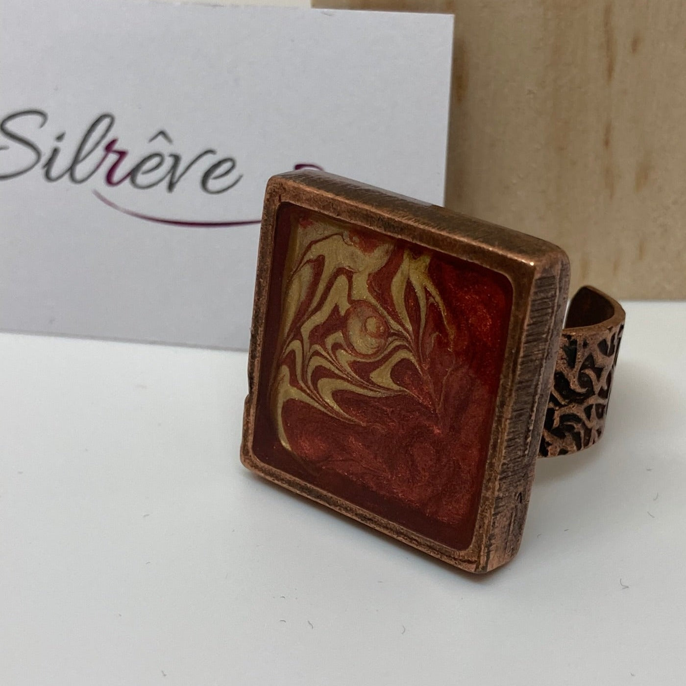 Red copper square ring 'Oil on canvas'