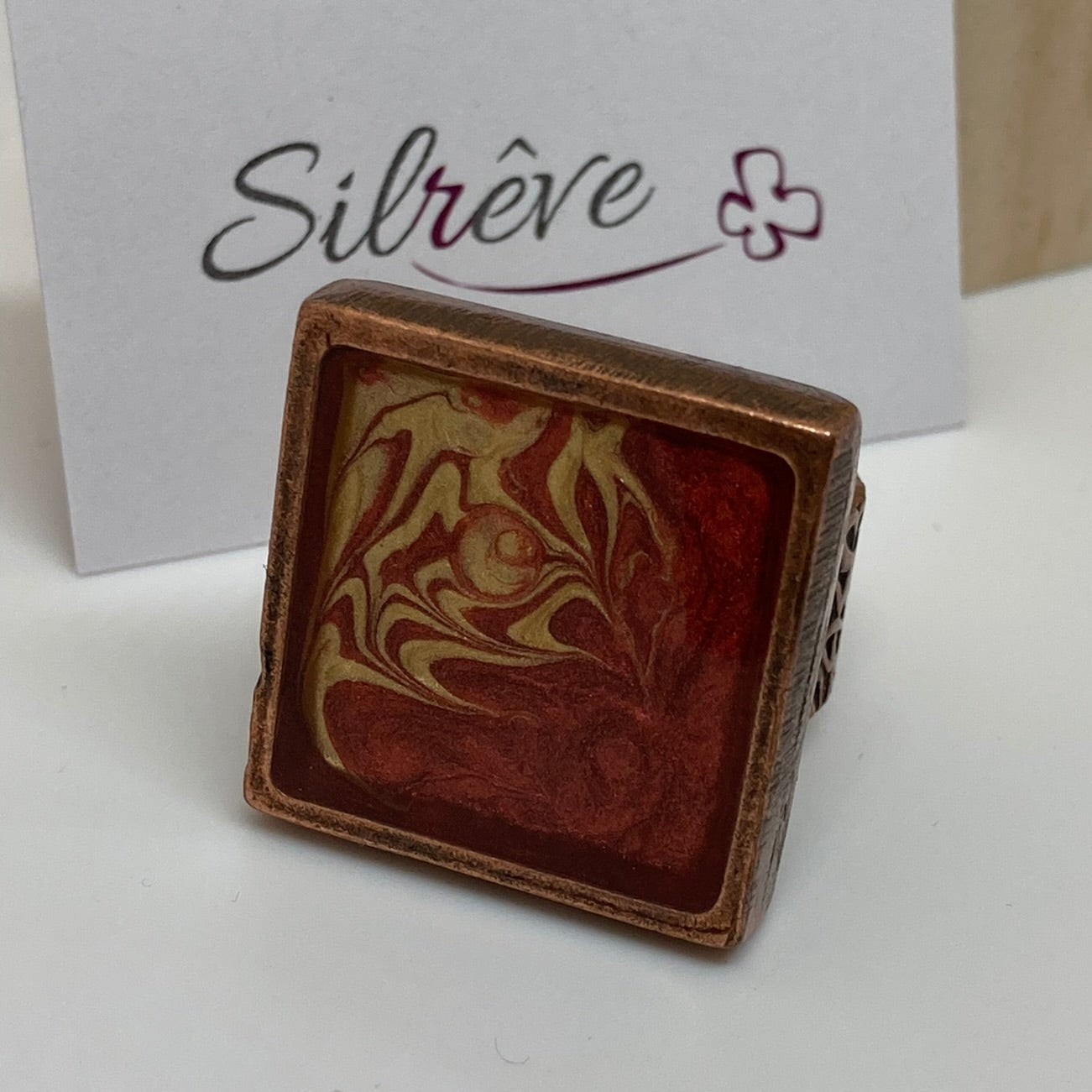 Red copper square ring 'Oil on canvas'