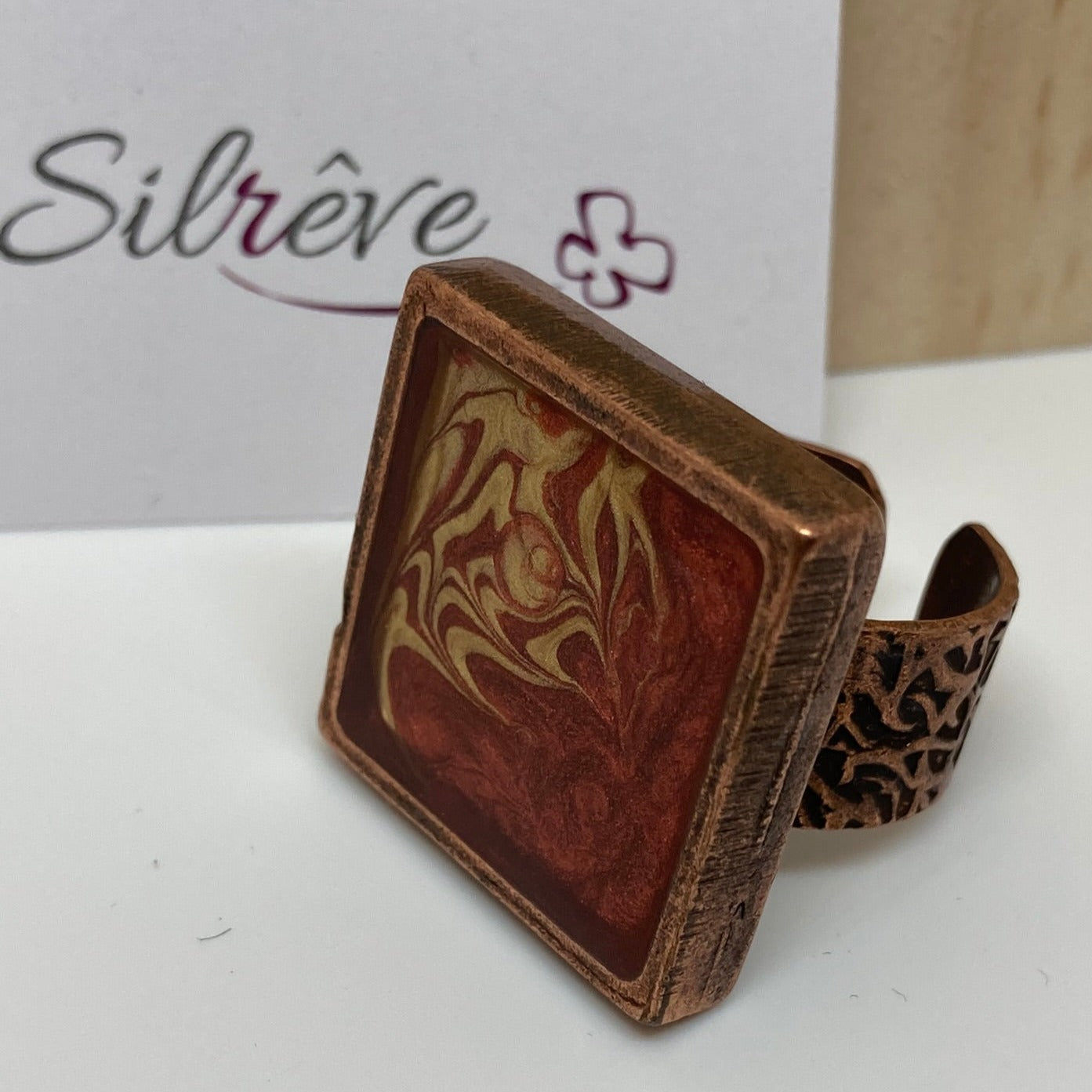 Red copper square ring 'Oil on canvas'
