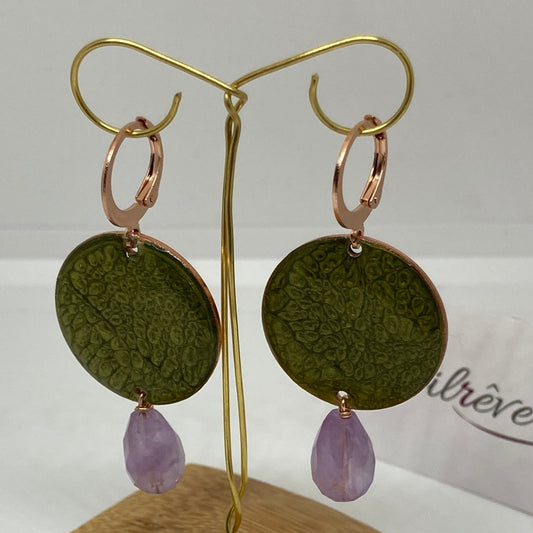 Copper pendant earrings embellished with amethyst drops.