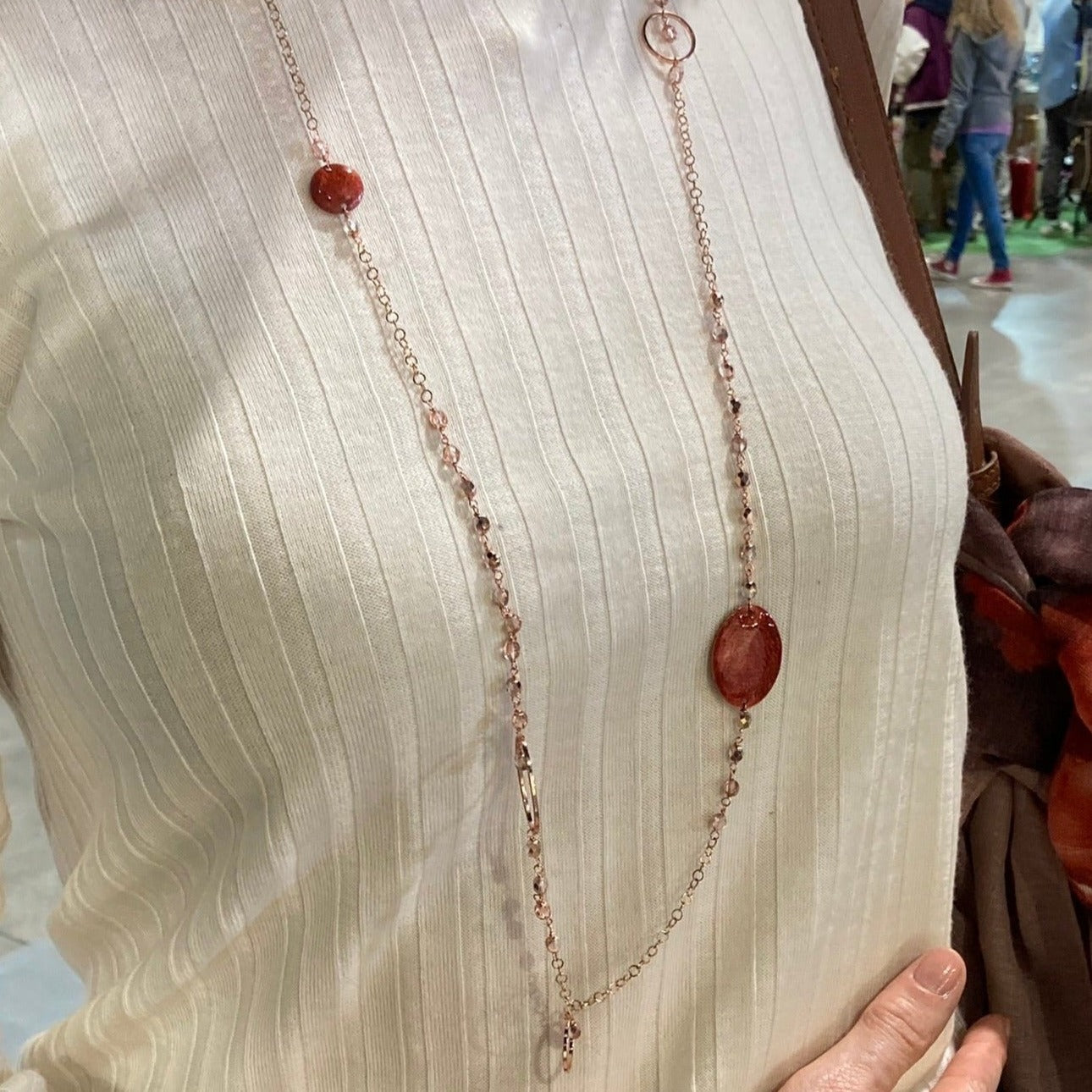 Copper necklace with hand painted and vitrified oval pendant.