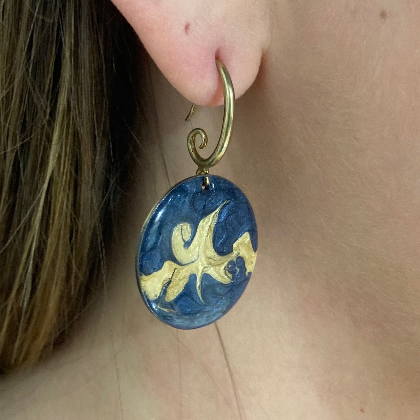 Hand painted pendant earrings on a natural brass base - Beauty in asymmetries