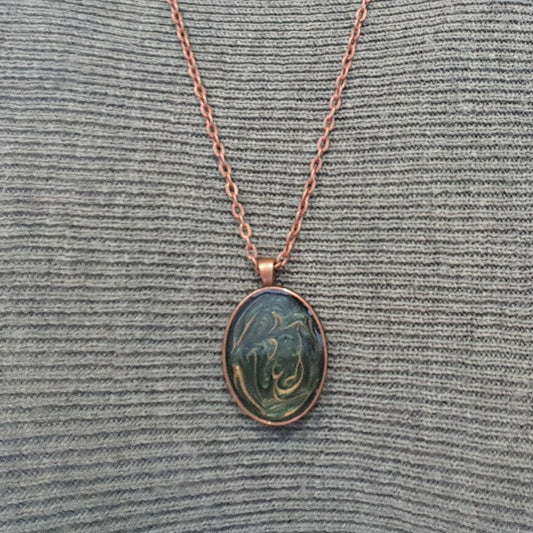 Copper necklace with hand painted and vitrified oval pendant.