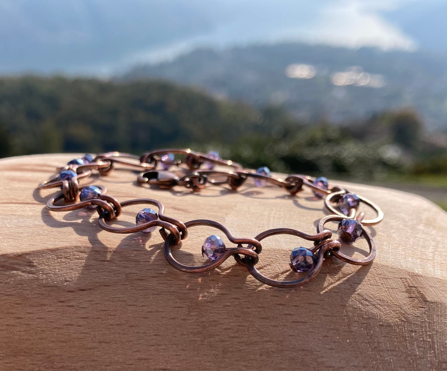 Chain bracelet in hammered copper, antiqued and embellished with small crystals. 1.0cm mesh