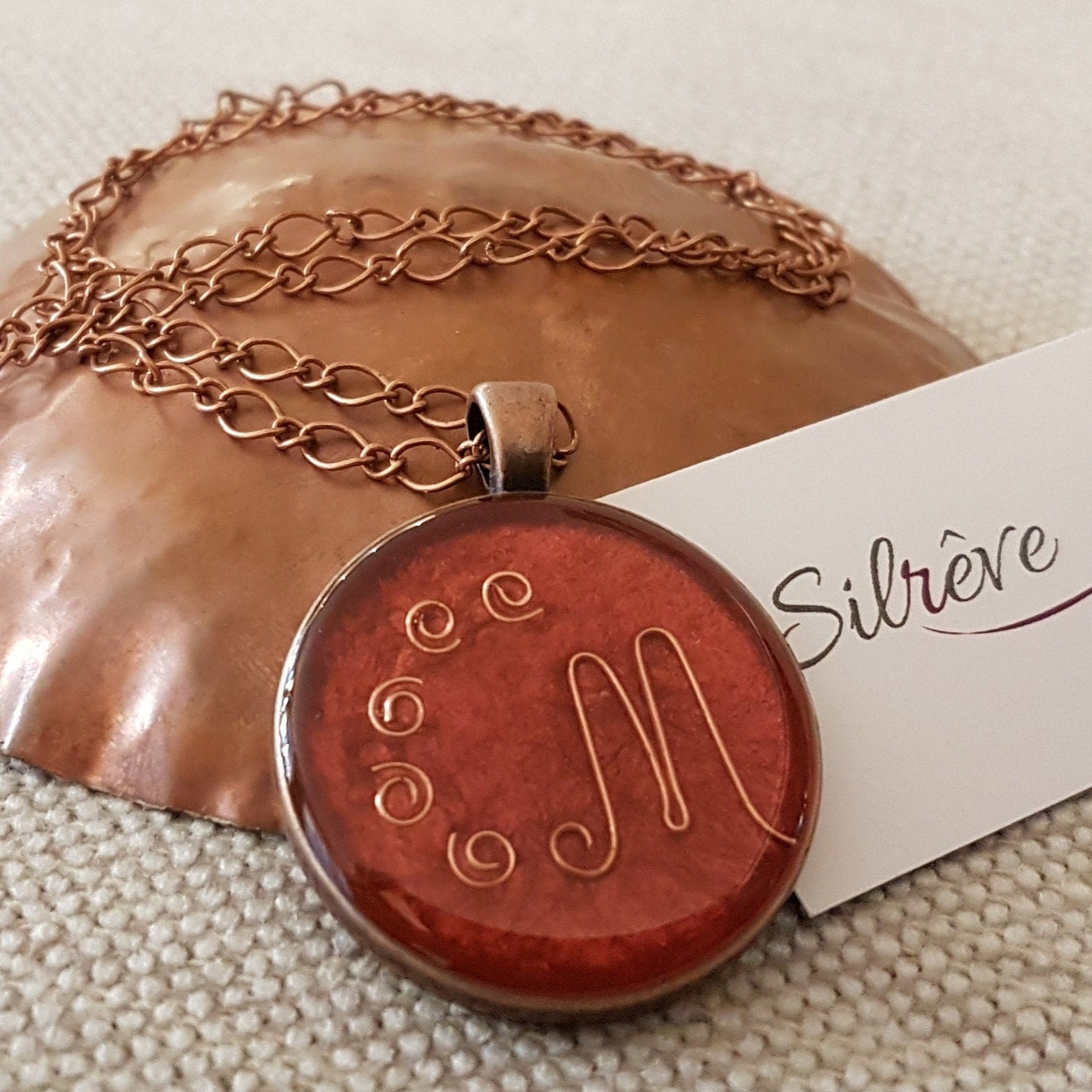 Copper necklace with round pendant, hand painted and vitrified.