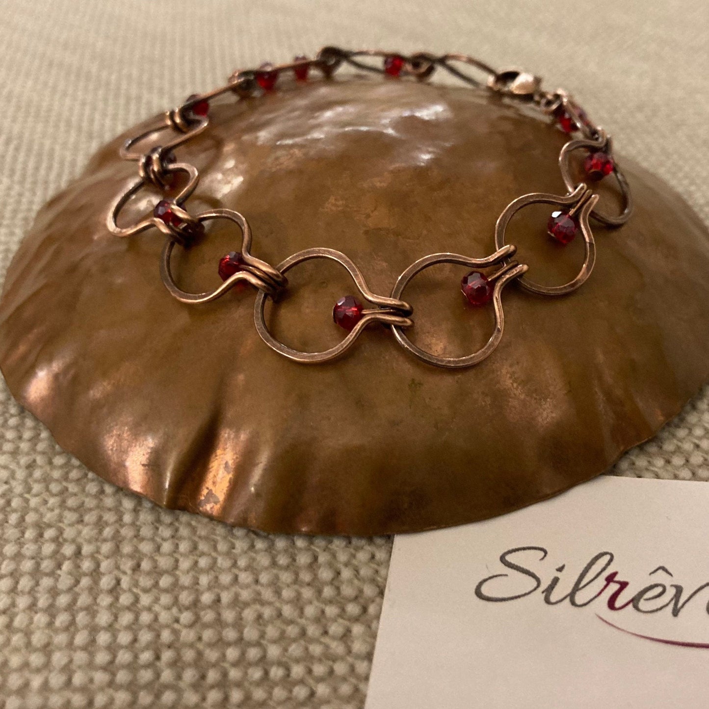 Chain bracelet in hammered copper, antiqued and embellished with small crystals. 1.0cm mesh