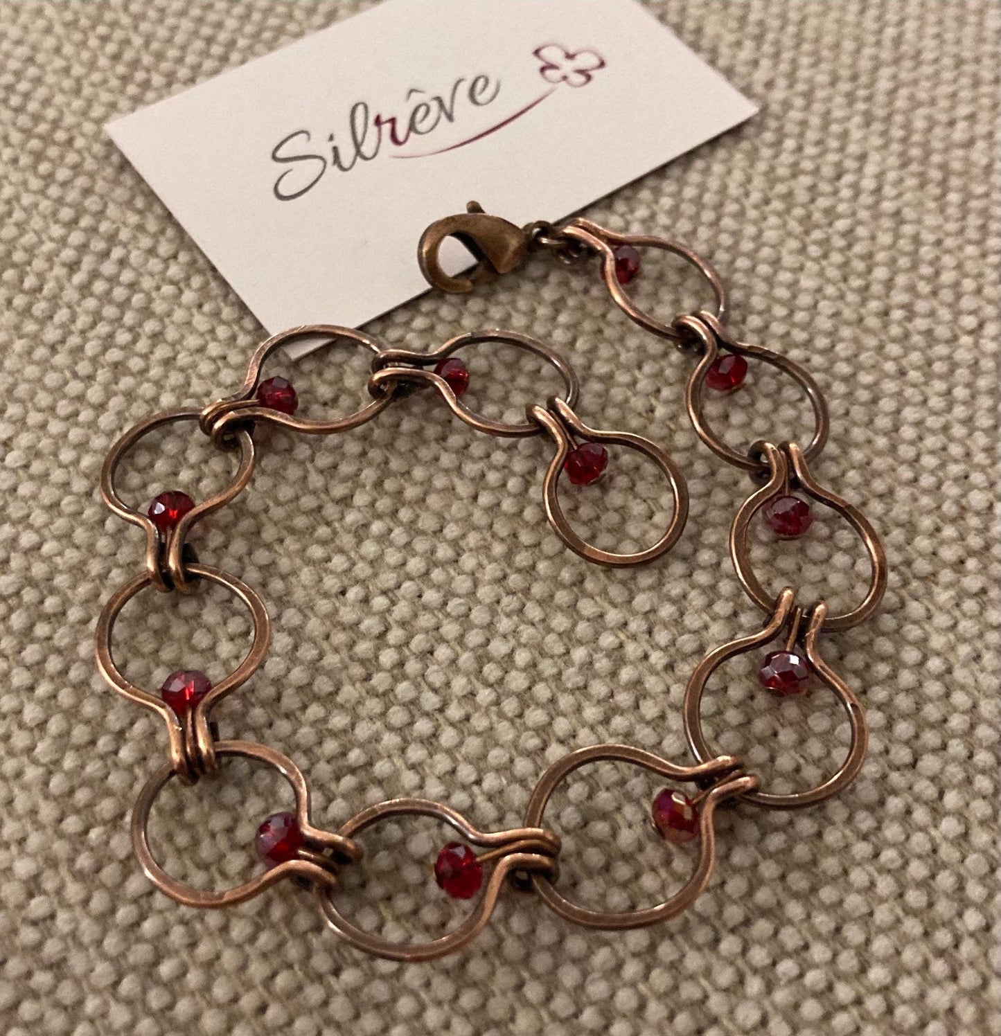 Chain bracelet in hammered copper, antiqued and embellished with small crystals. 1.0cm mesh