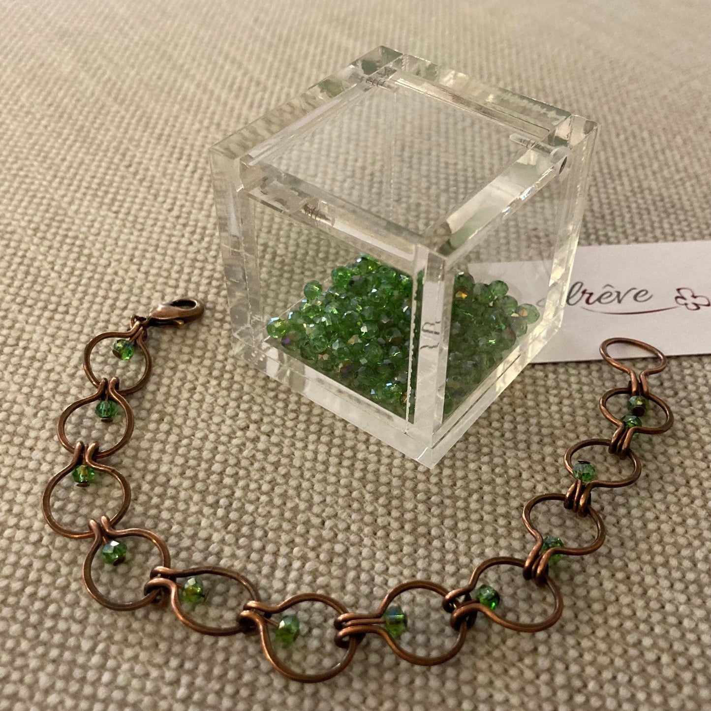 Chain bracelet in hammered copper, antiqued and embellished with small crystals. 1.0cm mesh