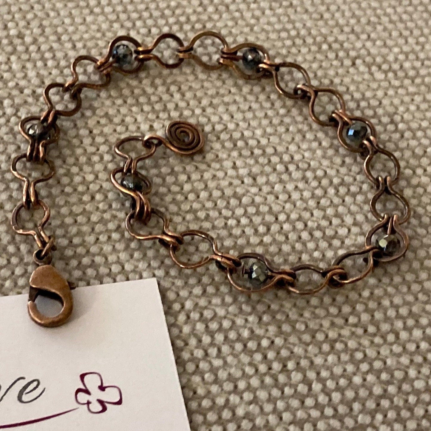 Hammered copper chain bracelet, antiqued and embellished with small crystals; mesh 0.5cm