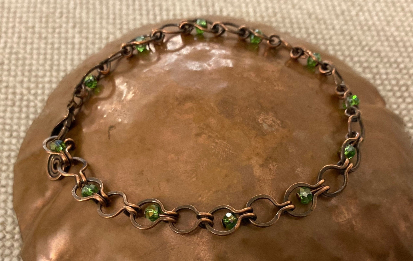 Hammered copper chain bracelet, antiqued and embellished with small crystals; mesh 0.5cm