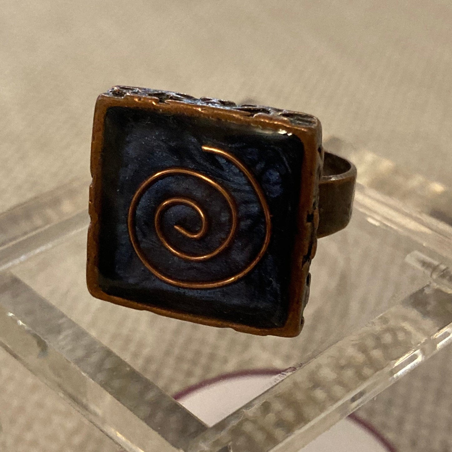 Square copper ring, adjustable, hand painted and vitrified