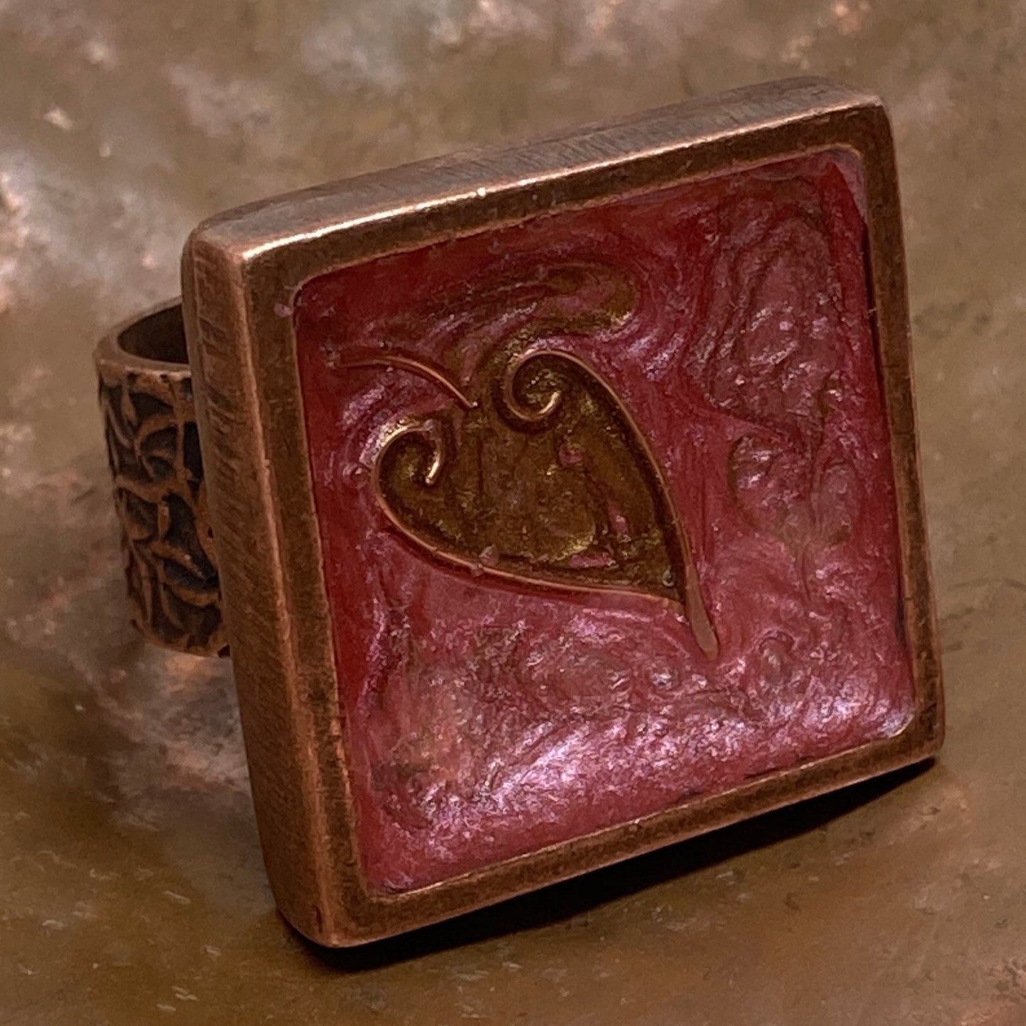 Red copper square ring 'Oil on canvas'