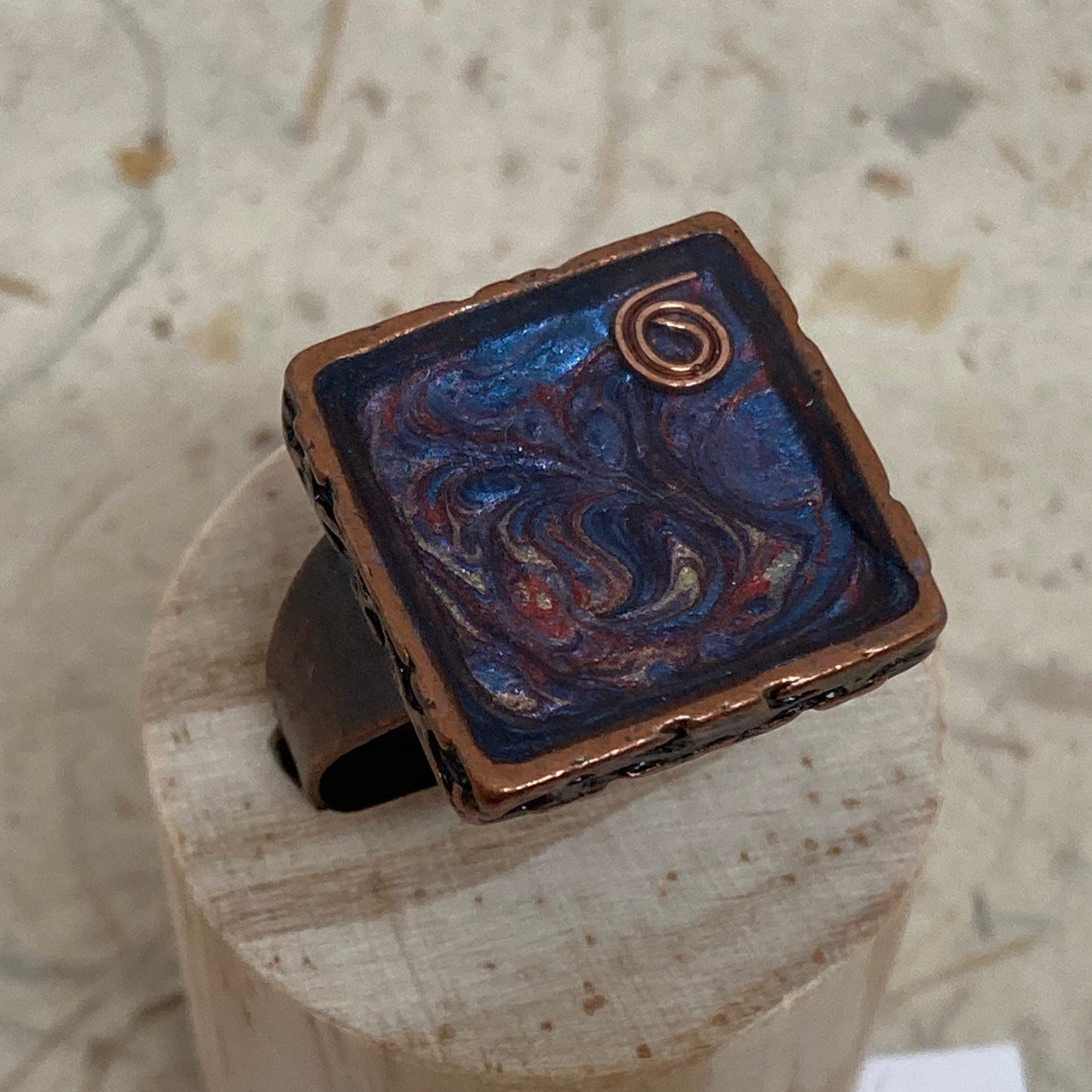 Square copper ring, adjustable, hand painted and vitrified