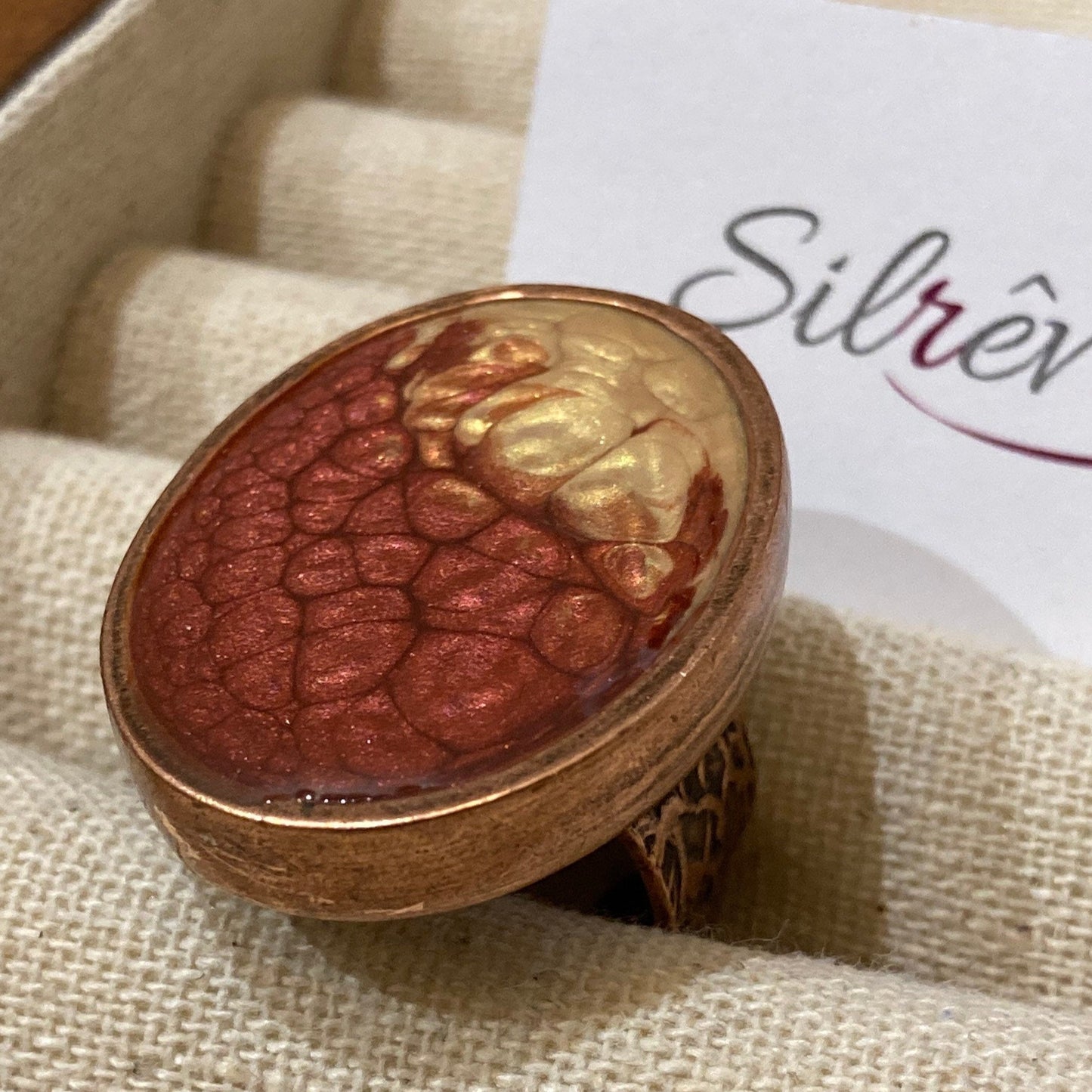 Oval copper ring, adjustable, hand painted and vitrified