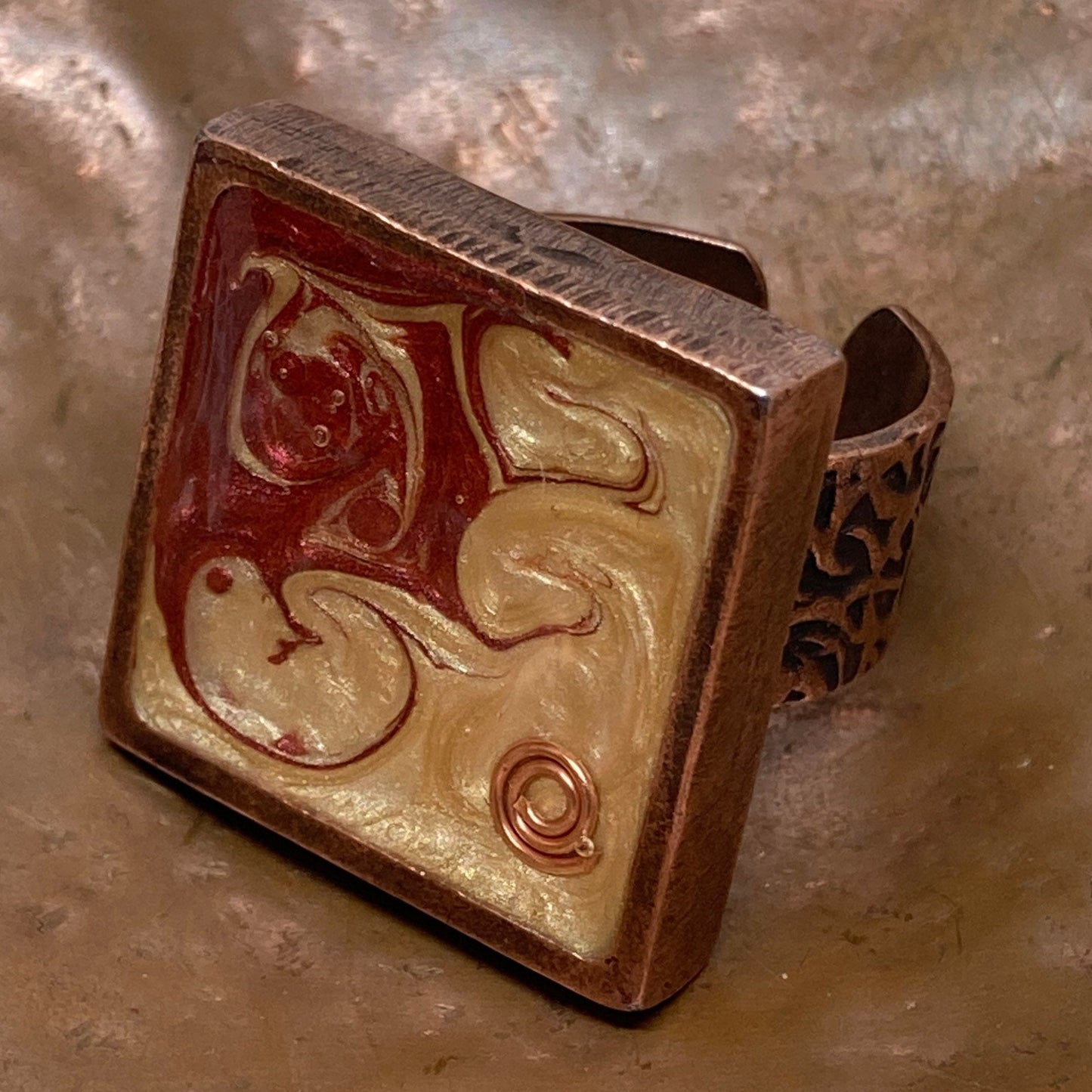 Red copper square ring 'Oil on canvas'