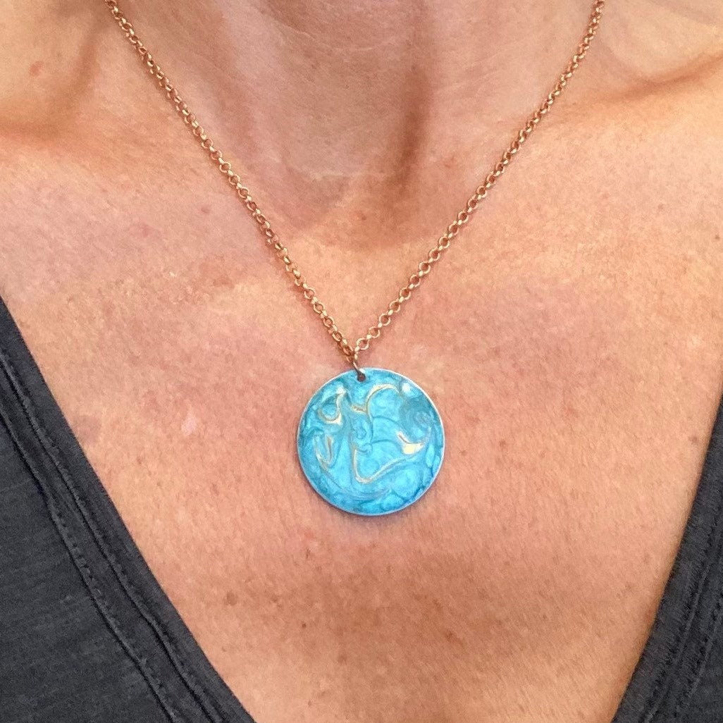 Copper choker necklace with hand painted and vitrified round pendant on both sides.