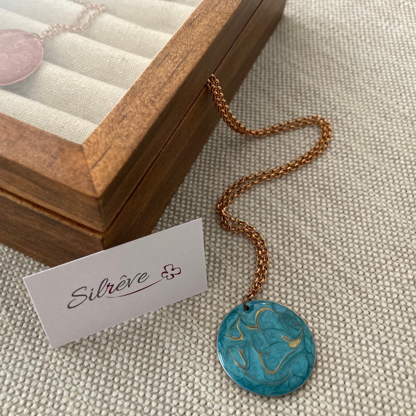 Copper choker necklace with hand painted and vitrified round pendant on both sides.