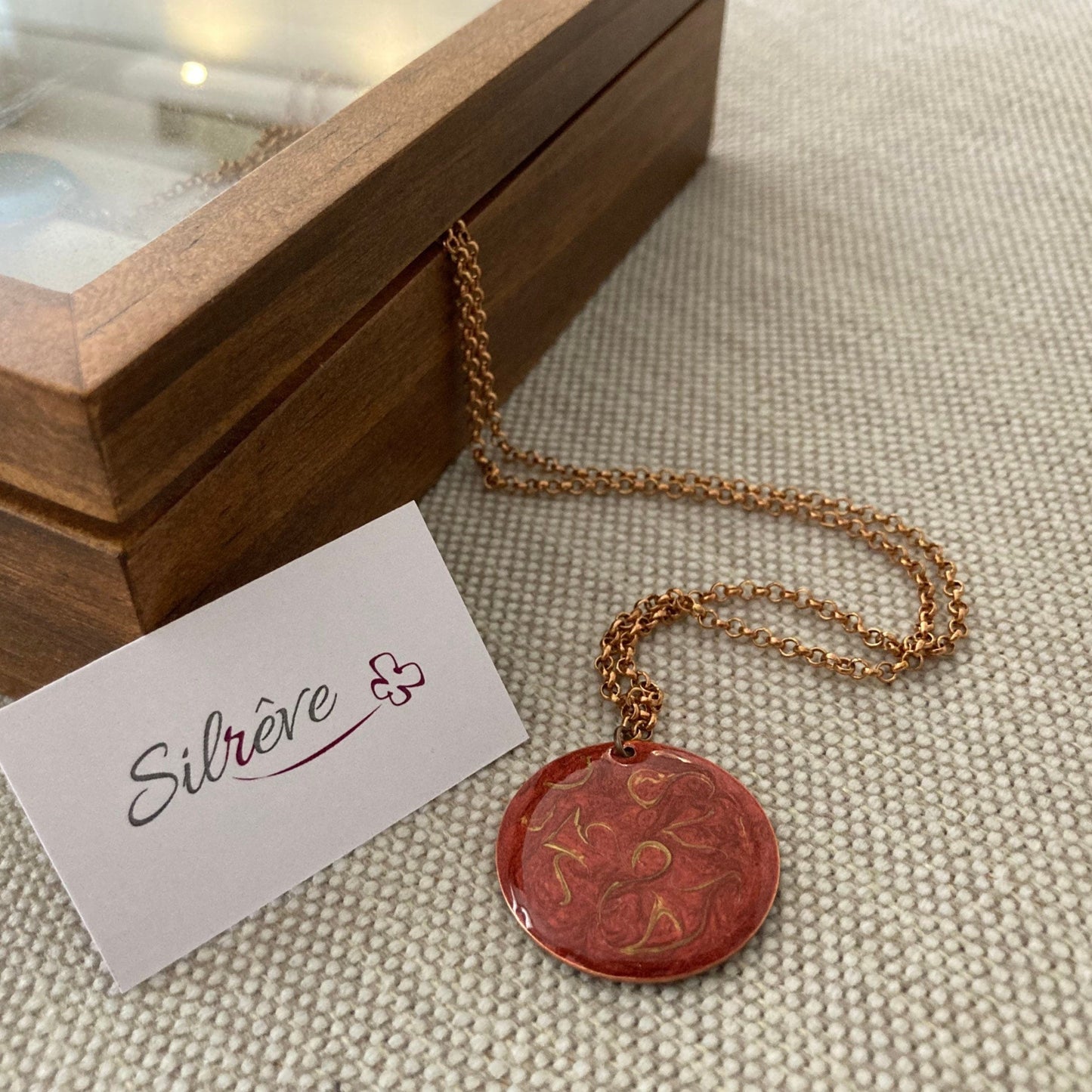 Copper choker necklace with hand painted and vitrified round pendant on both sides.
