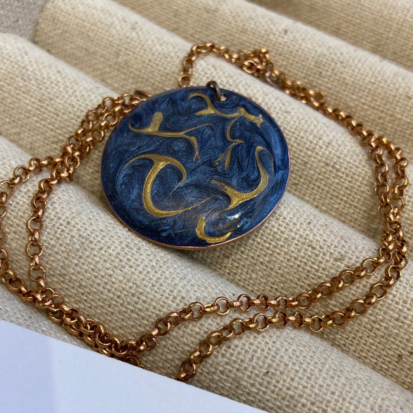 Copper choker necklace with hand painted and vitrified round pendant on both sides.