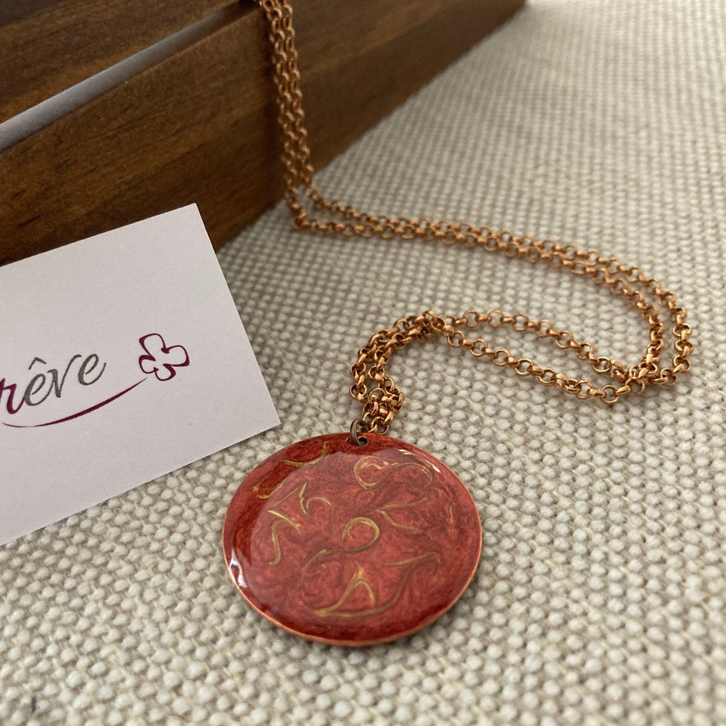 Copper choker necklace with hand painted and vitrified round pendant on both sides.