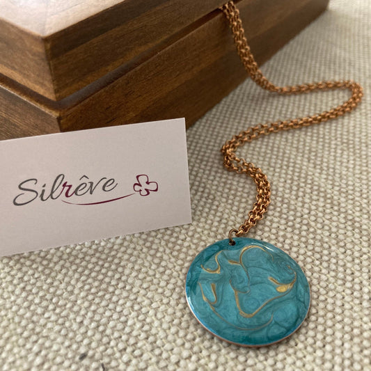 Copper choker necklace with hand painted and vitrified round pendant on both sides.