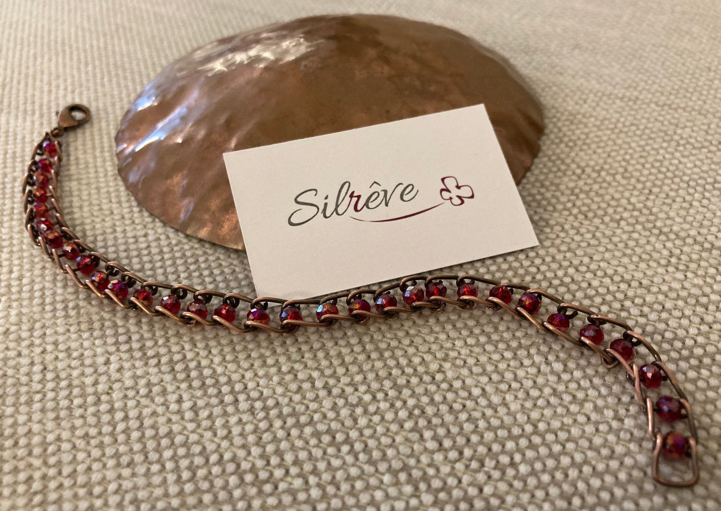 Antiqued copper bracelet, embellished with small crystals