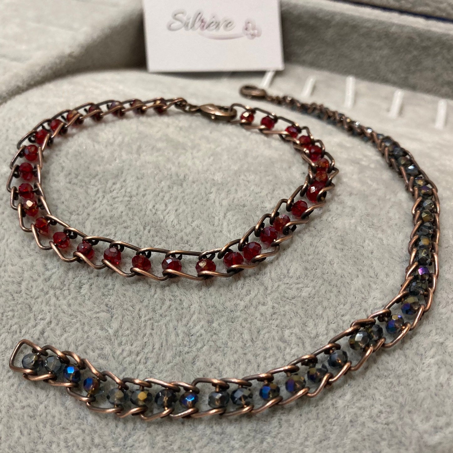 Antiqued copper bracelet, embellished with small crystals