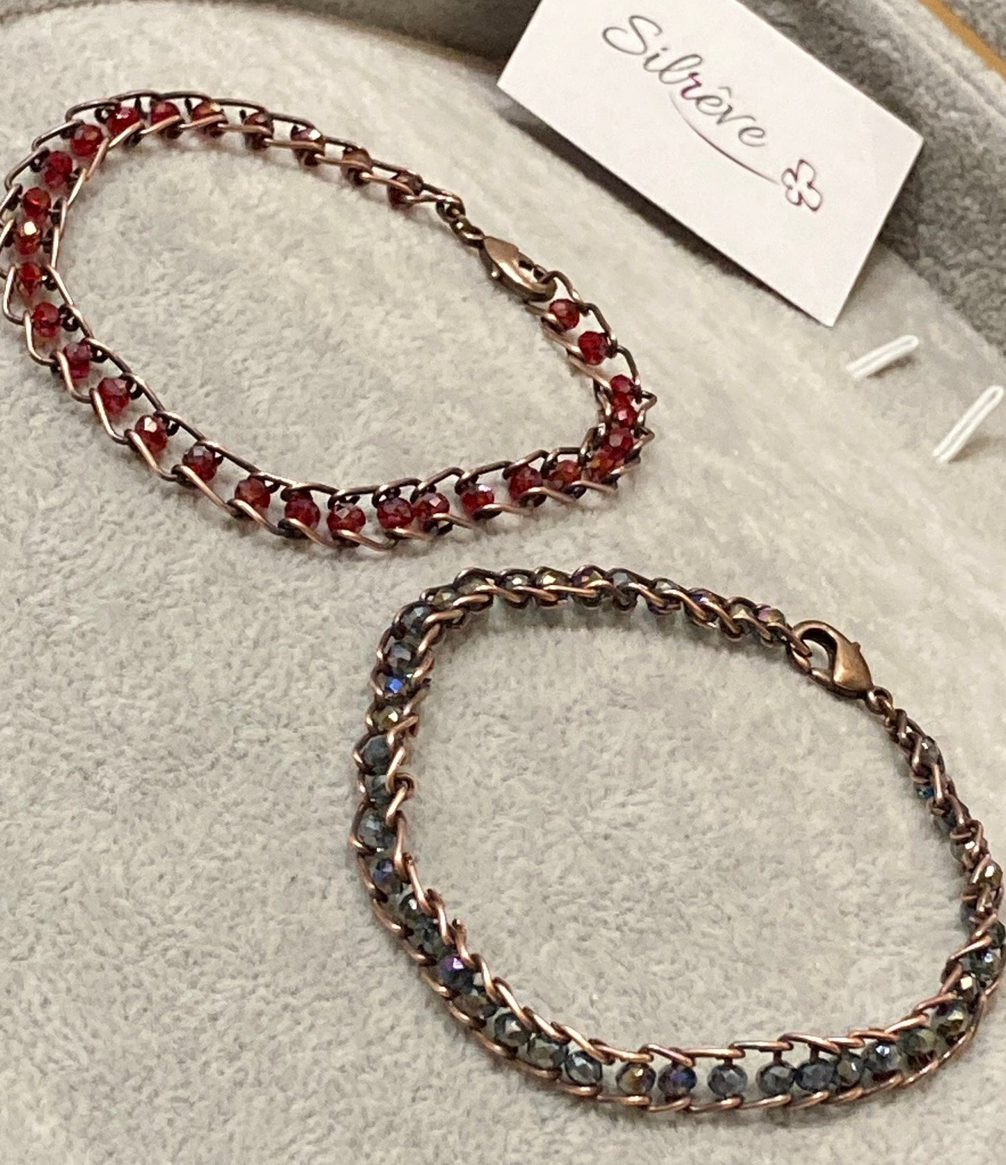 Antiqued copper bracelet, embellished with small crystals