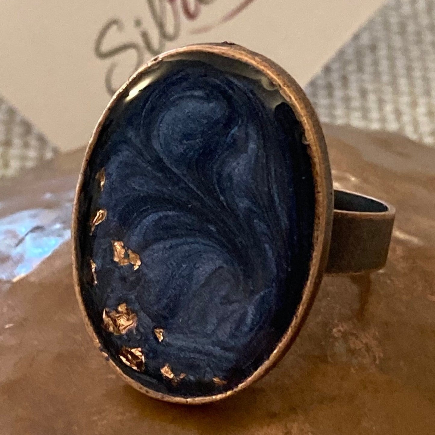 Oval copper ring, adjustable, hand painted and vitrified