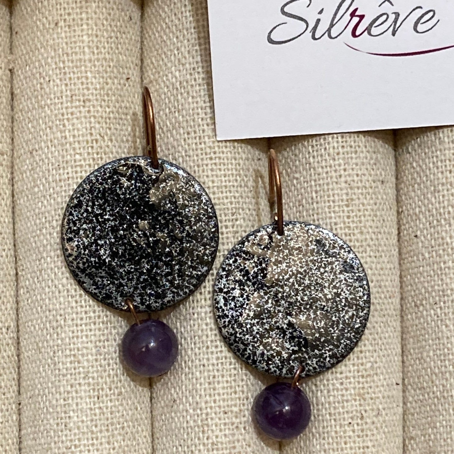 Antiqued copper earrings, hammered effect, with amethyst pearl.