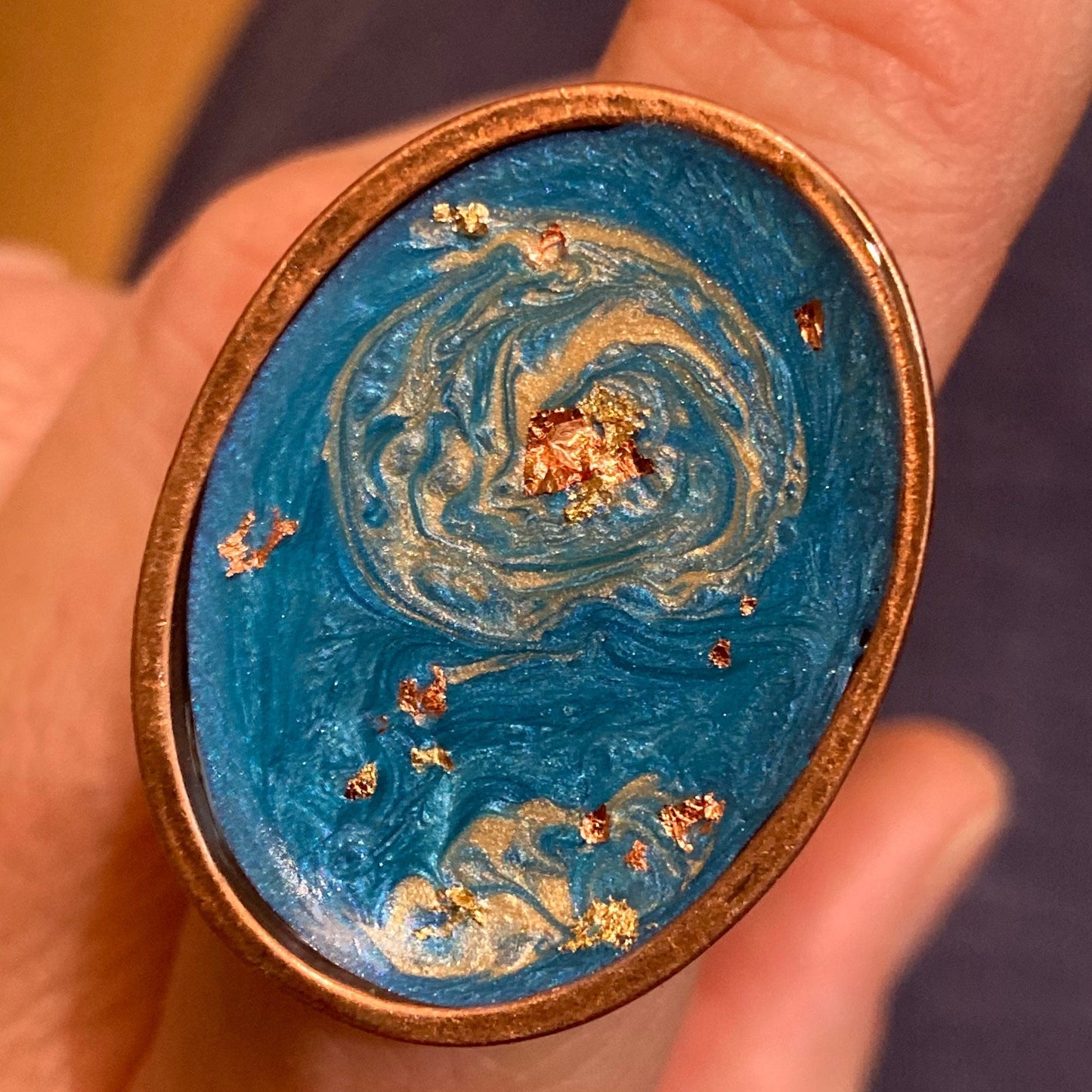 Oval copper ring, adjustable, hand painted and vitrified