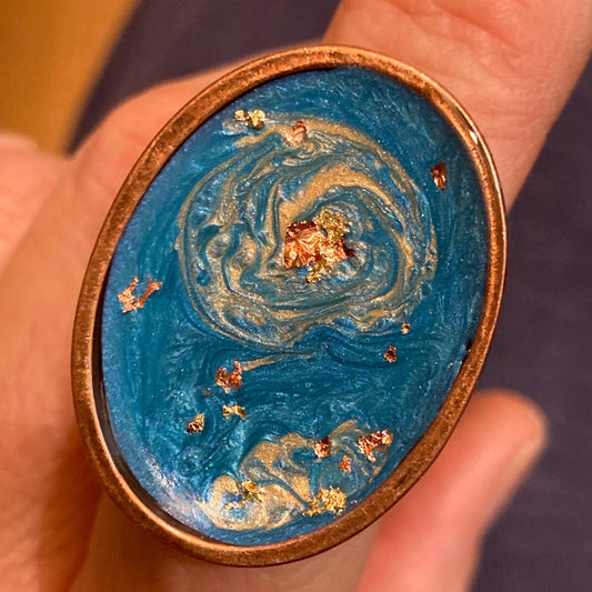 Oval copper ring, adjustable, hand painted and vitrified