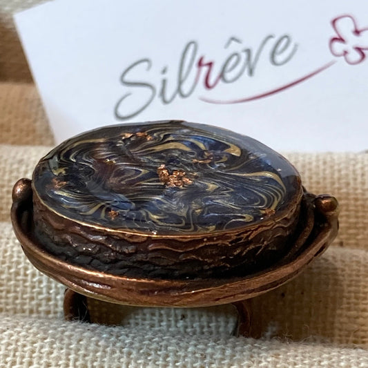 Round ring in red copper, adjustable, hand painted and vitrified