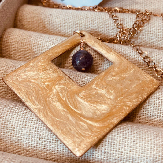 Copper necklace with square pendant, embellished with amethyst pearl.