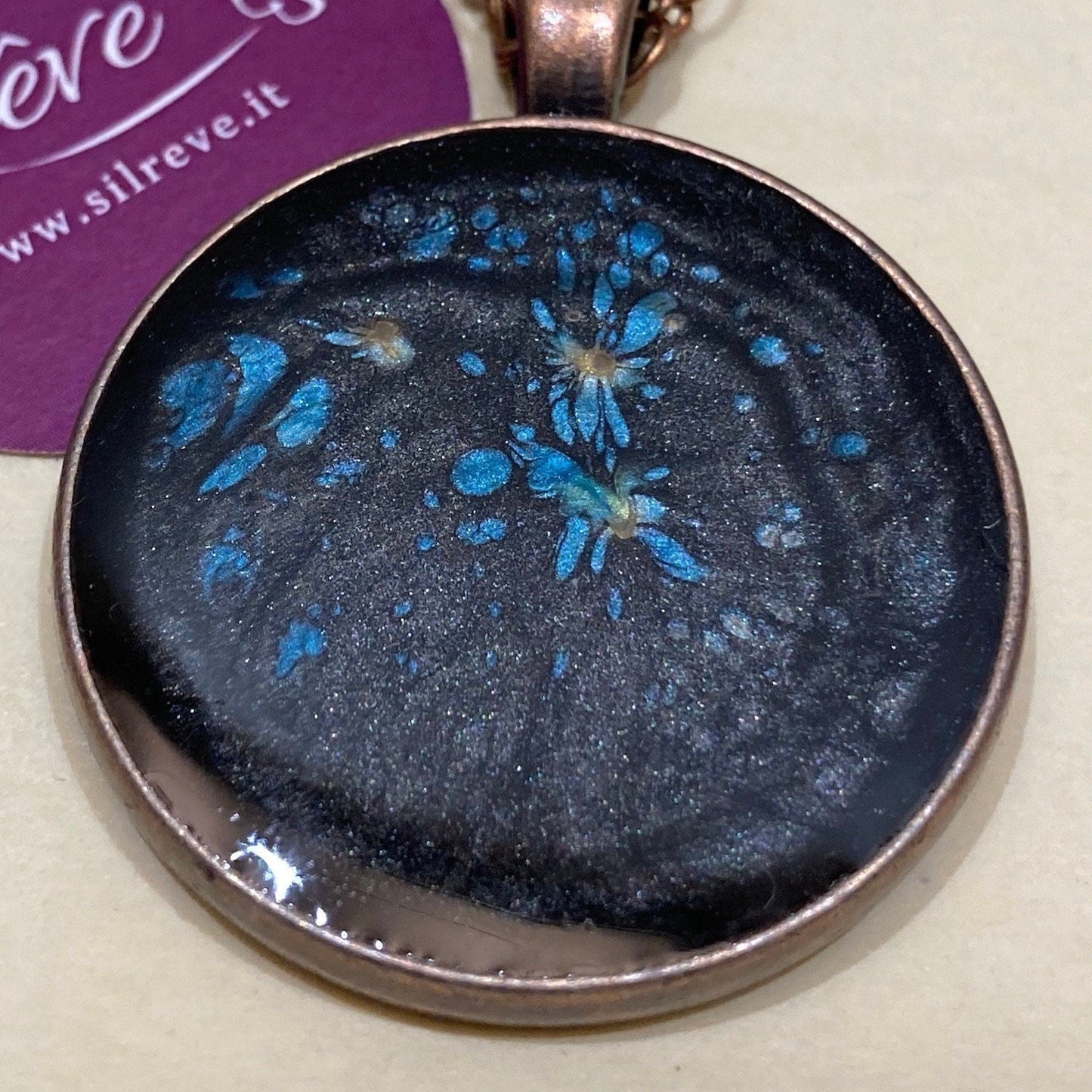 Copper necklace with round pendant, hand painted and vitrified.