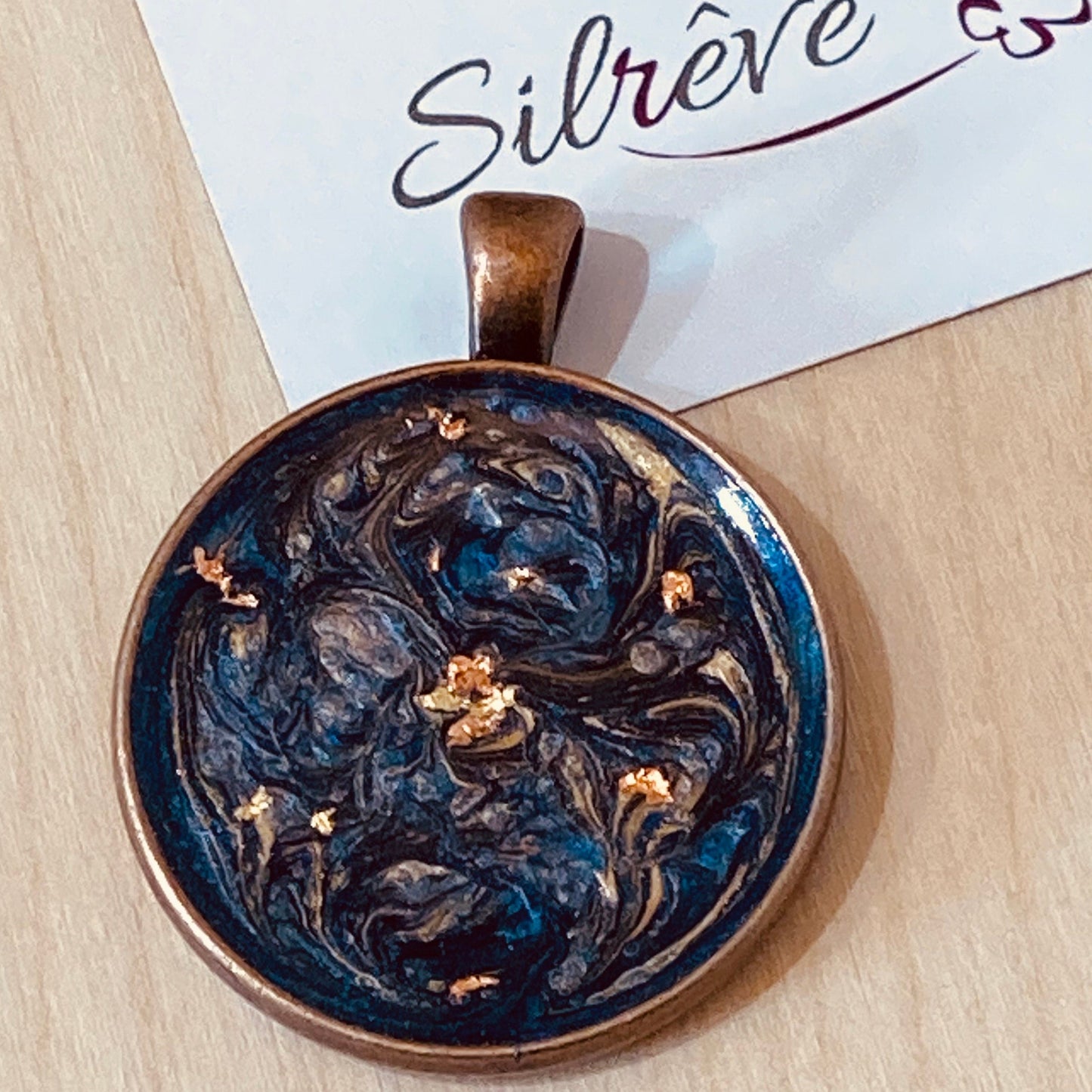 Copper necklace with round pendant, hand painted and vitrified.